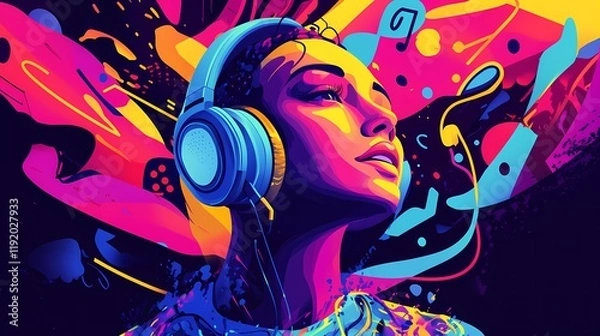 Fototapeta Vibrant Woman in Headphones Embracing Music with Colorful Abstract Background Creating a Lively and Energetic Atmosphere of Sound and Freedom