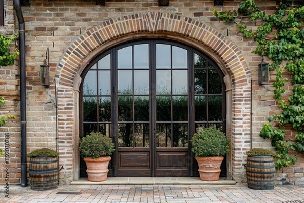 Fototapeta Red brick wall and arched window of classical european building in Rome. Detailed photo textured background