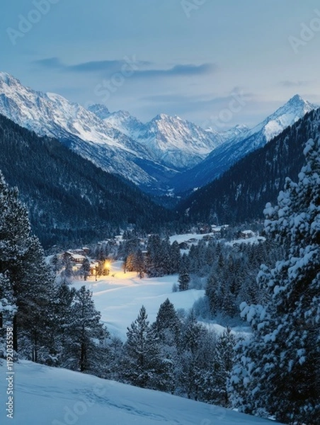 Obraz Snowy Mountain Valley with Trees