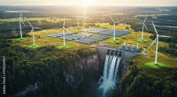 Obraz Sustainable Energy Landscape: A breathtaking aerial view showcases a harmonious blend of renewable energy sources – wind turbines, solar panels, and a hydroelectric dam cascading down a verdant cliff.