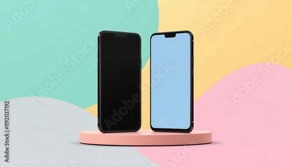 Fototapeta Smartphone Mockup on Colorful Background with Two Devices on Circular Stand