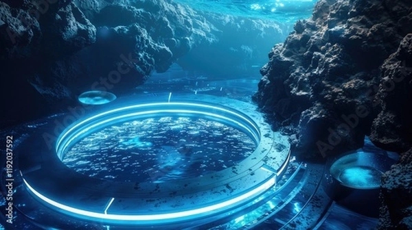 Fototapeta A futuristic underwater scene featuring a circular enclosed aquarium with clear waters and rocky structures adorned with colorful coral and marine plants
