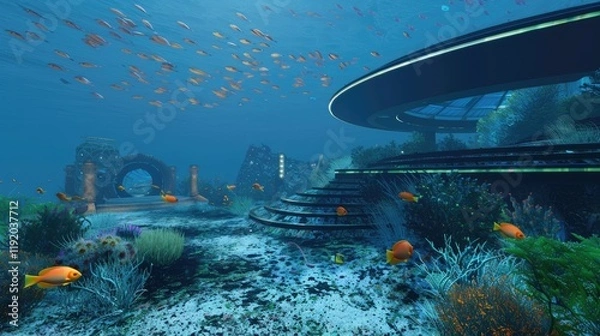 Fototapeta A futuristic underwater scene featuring a circular enclosed aquarium with clear waters and rocky structures adorned with colorful coral and marine plants
