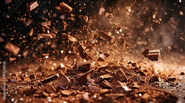 Fototapeta Chunks of milk chocolate and cocoa powder explode against a dark background