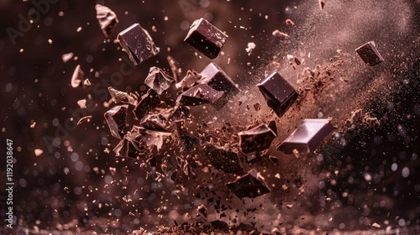 Fototapeta Chunks of milk chocolate and cocoa powder explode against a dark background