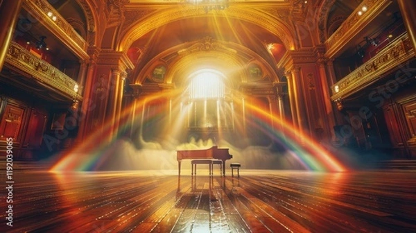 Fototapeta multi-tiered wooden stage set against a dramatic sky with a vibrant rainbow arching above and colorful clouds