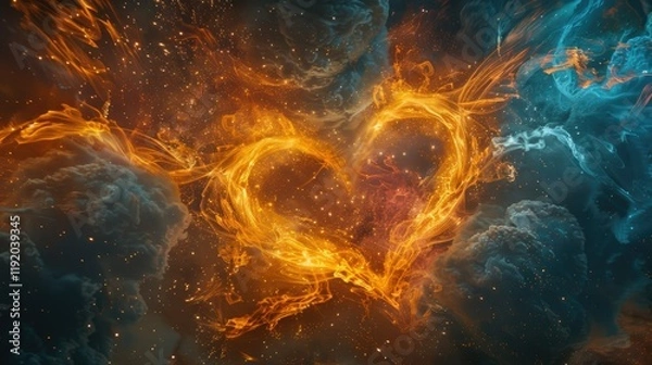 Fototapeta A vibrant image of a heart-shaped fire, with glowing orange flames on a dark smoky background