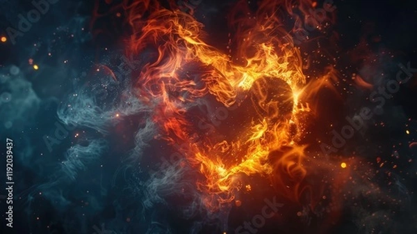 Fototapeta A vibrant image of a heart-shaped fire, with glowing orange flames on a dark smoky background