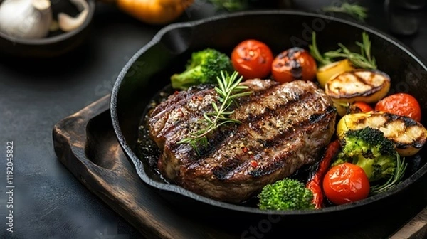 Obraz Grilled Steak with Roasted Vegetables in Cast Iron Skillet
