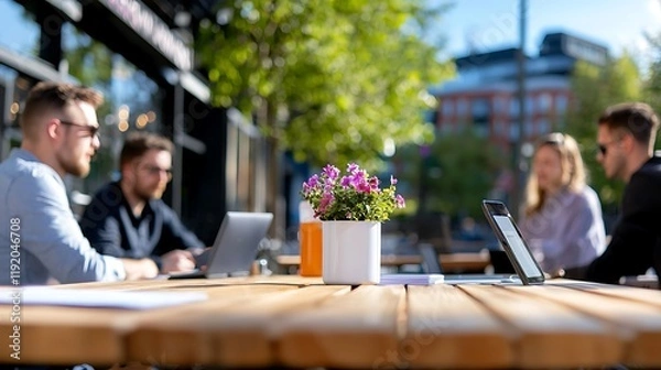 Fototapeta Four young professionals collaborate on laptops at an outdoor cafe table.  Flowers and drinks are on the table.  Sunny day.