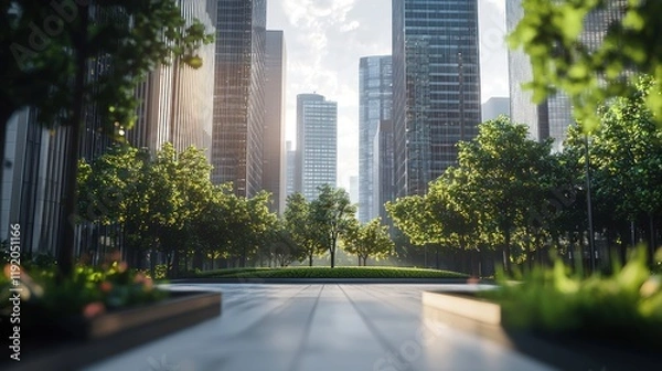 Fototapeta Urban Oasis: A Serene Cityscape with Lush Greenery and Modern Architecture