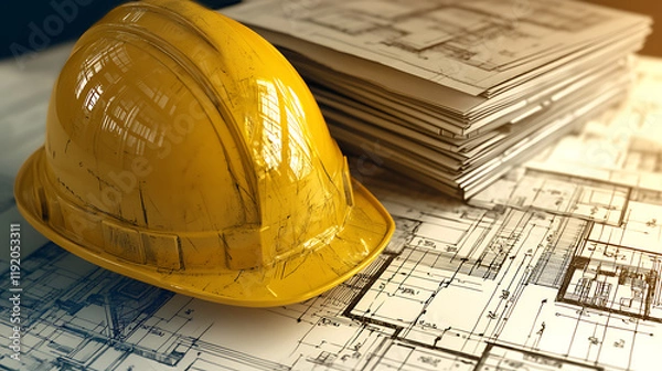 Fototapeta Construction Safety Overview Hard Hat on Blueprints Site Office Engineering Plans Industrial Environment