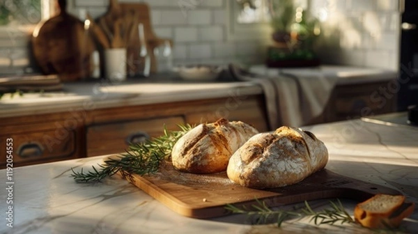 Fototapeta crusty artisan loaves with cross-shaped cuts on top rest on a wooden cutting board