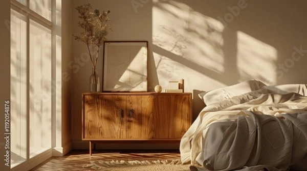 Fototapeta A cozy bedroom setup with a wooden side table on the left
