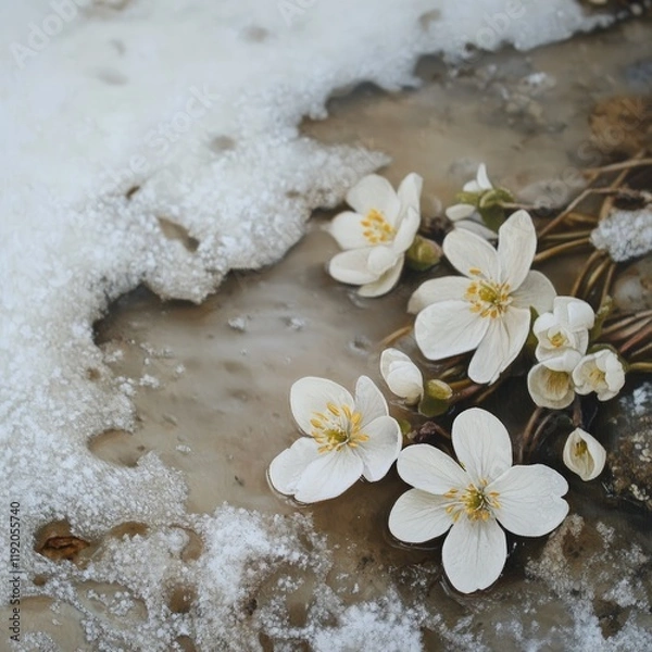 Fototapeta A close up of a bunch of white flowers in a snow covered field