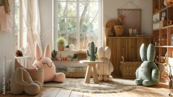 Fototapeta A minimalist children's playroom with a white round table surrounded by four white chairs