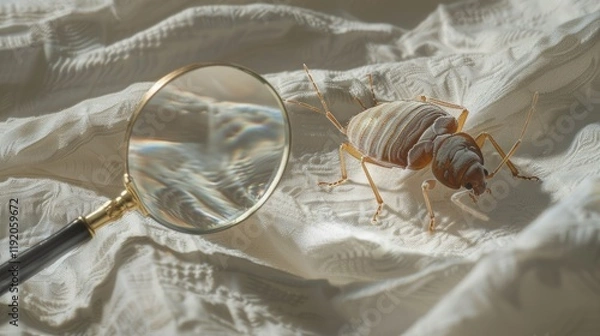 Fototapeta A close-up shot of a bed bug magnified through a handheld magnifying glass placed on a white