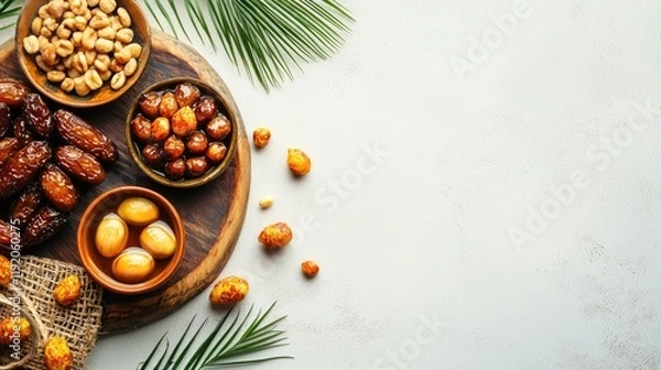 Fototapeta Sweet dates, nuts, and palm leaves on a wooden board. Festive food background. Ideal for Ramadan or holidays