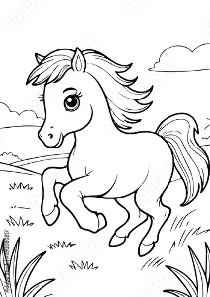 Fototapeta simple black lineart illustration of A small horse with a flowing mane, running in a grassy field, coloring page animal ready for print