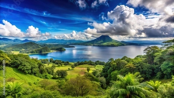 Fototapeta Panoramic view of Lake Arenal with lush greenery and distant mountains, Lake Arenal, panoramic view, beautiful scenery