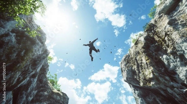 Fototapeta A man in a suit is captured mid-air, leaping over a large gap between two rocky cliffs.