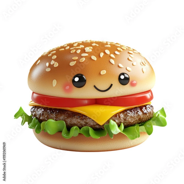 Fototapeta Cute Cartoon Hamburger with Smiling Face, Cheese, Lettuce, and Tomato on Transparent Background