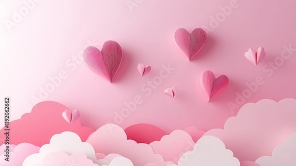 Fototapeta Romantic papercraft background, 3D layered pink clouds, origami heart decorations, modern love theme design, gradient pink color scheme, delicate paper art composition, soft depth lighting, minimal