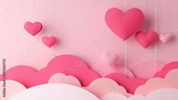 Fototapeta Valentine paper sculpture design, pink cloud layers aesthetic, minimal floating heart elements, dimensional paper craft style, soft pastel gradients, clean modern composition, gentle shadow effects,