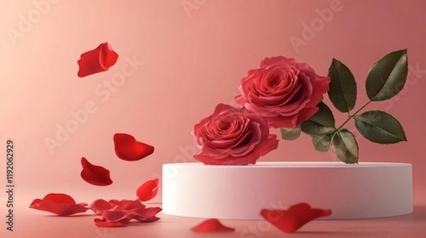 Fototapeta Elegant white podium scene, crimson roses with green leaves, floating red petals, soft gradient background, luxury product display setup, romantic mood lighting, high-end commercial photography style