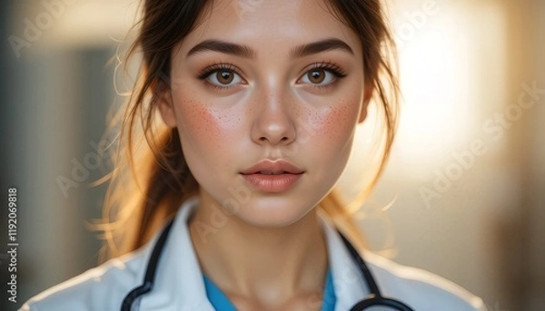 Obraz A young female doctor with a natural skin texture is portrayed wearing a white lab coat and a stethoscope. Her complexion reveals soft pores, subtle freckles.