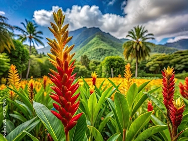 Fototapeta Oahu's Ho'omaluhia Botanical Garden showcases Sanchezia Nobilis, a springtime feast for the eyes.