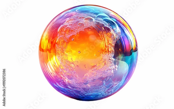 Fototapeta Iridescent water sphere, swirling, abstract, white background, design element