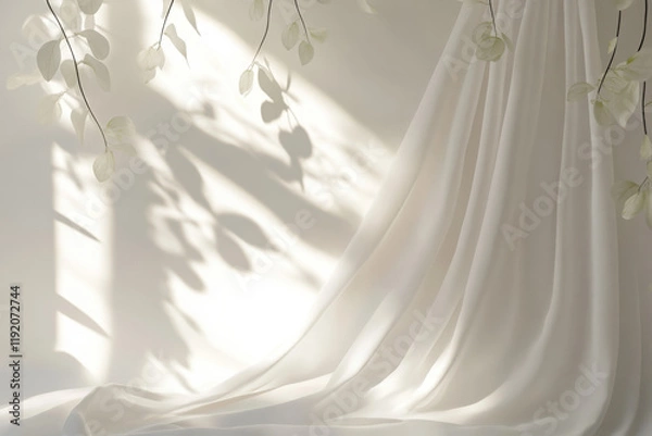 Fototapeta Soft, natural light illuminating flowing white fabric and leaves.