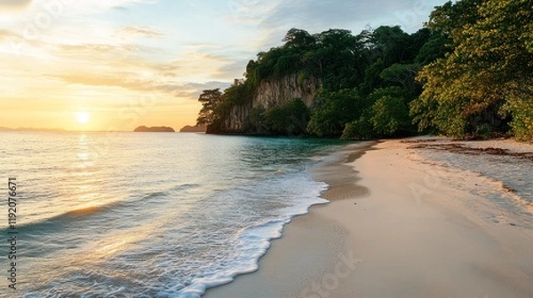 Fototapeta Seaside scene at sunset with golden light and gentle waves on a sandy beach