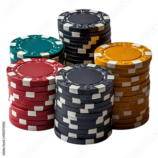 Fototapeta Stacked Poker Chips in Various Colors on Transparent Background for Gambling and Casino Themes