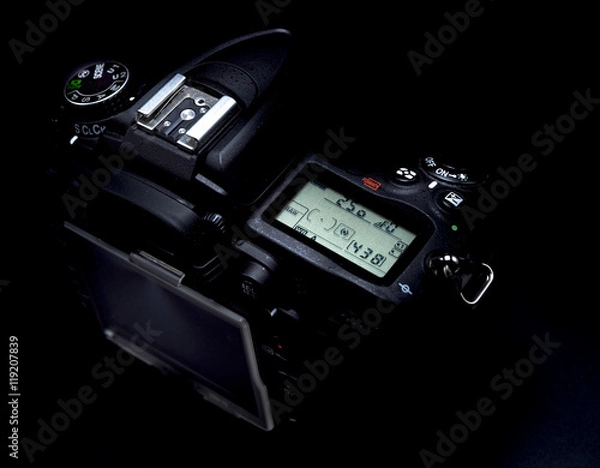 Obraz Professional modern DSLR camera - detail of the top LCD with set