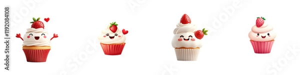 Fototapeta Strawberry cupcakes, playful character isolated on white background. Collection Png.