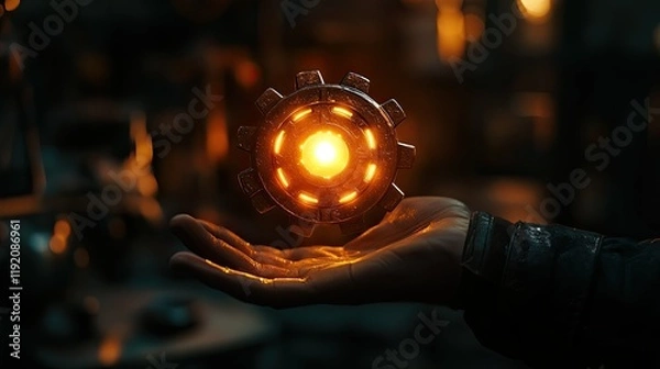 Fototapeta Close-up of a hand holding a glowing gear in a dimly lit workshop