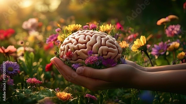 Fototapeta Hands holding a model of a human brain adorned with vibrant