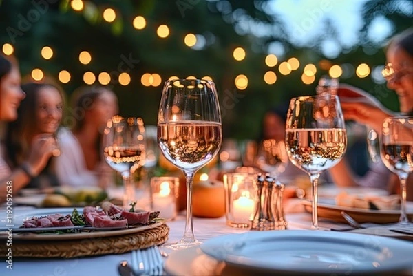 Fototapeta A group of friends enjoying a cozy dinner party under string lights on a summer evening.