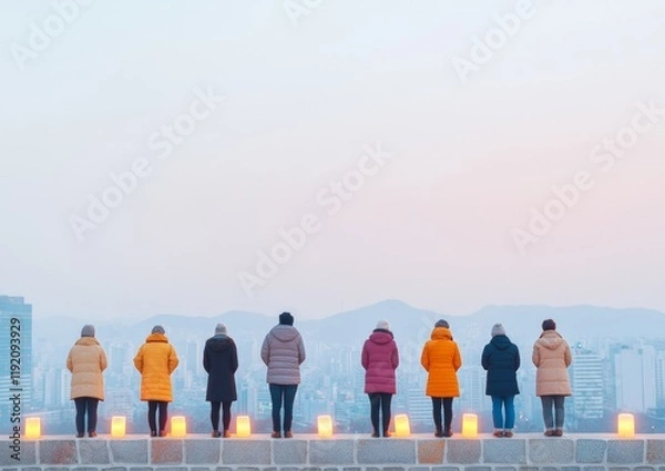 Fototapeta Silhouetted Group in Colorful Coats Overlooking Cityscape at Dusk