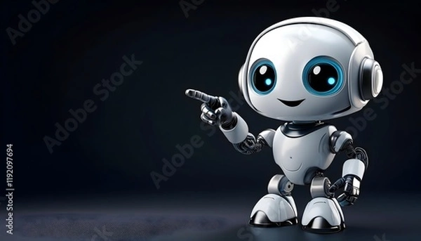 Fototapeta 3d render of a robot in black and white, cute mini robot pointing fingers at copy space on black background