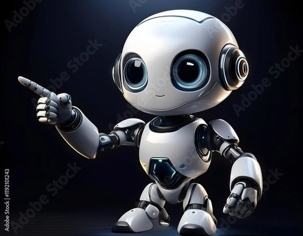 Fototapeta robot with hands, cute mini robot pointing fingers at copy space on black background