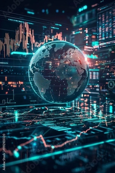 Fototapeta A digital globe with global financial data and graphs, surrounded by glowing holographic charts representing the world's international markets. 