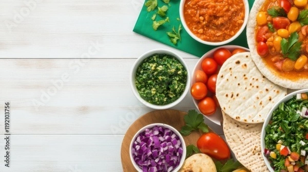 Fototapeta Colorful Mediterranean meal with hummus, vegetables, and flatbread on a wooden table