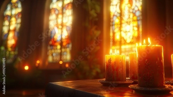 Fototapeta Lit candles of various sizes on a table with blurred stained glass windows and warm lighting in the background.