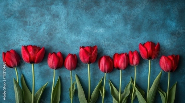 Fototapeta A row of bold red tulips with fresh green stems lines up against a textured teal background — elegant, romantic floral design perfect for Valentine’s Day or spring celebrations.