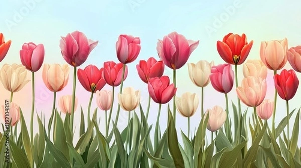 Fototapeta A vibrant field of pink, red, and cream tulips swaying under a soft blue sky — cheerful, dreamy spring scene perfect for celebrations, greetings, or nature-inspired designs.