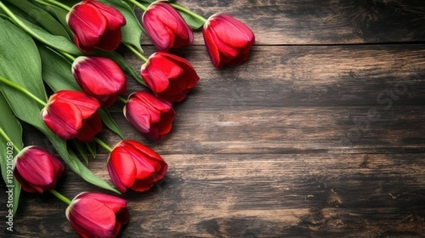 Fototapeta Rich red tulips with green stems rest on a rustic dark wood surface — romantic, elegant arrangement perfect for Valentine’s Day, anniversaries, or spring-themed designs.