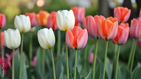Fototapeta Delicate white and peachy-pink tulips bloom together in soft focus — elegant, springtime garden scene perfect for romantic, serene, or nature-themed designs.